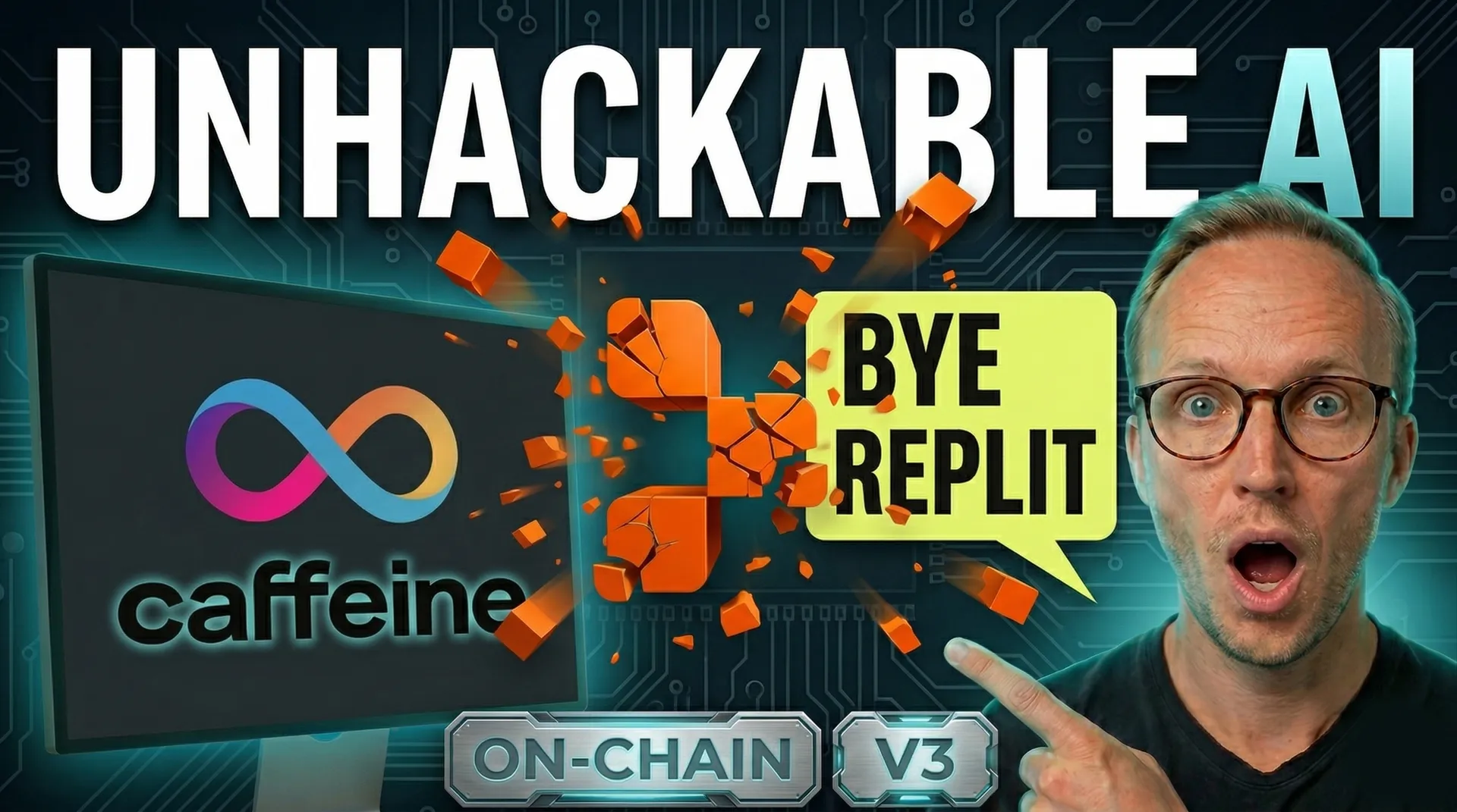 Unhackable AI bold title at the top. Left side features monitor with ICP logo and caffeine subtitle. In the center the Replit logo bursting. To the right a young man pointing at the logo with speech bubble that says Bye Replit. At the bottom on-chain V3 badges