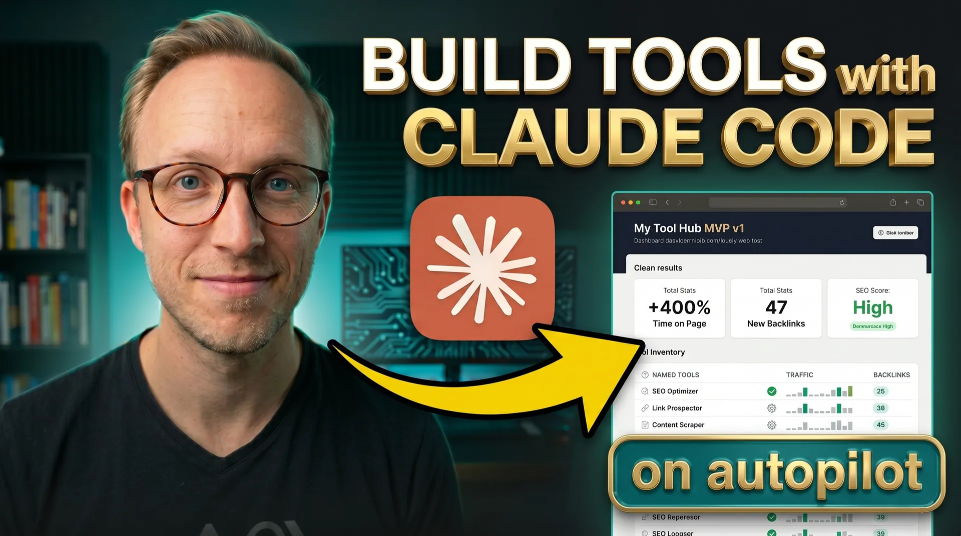 Tobias to the right. Headline "Build tools with claude code", claude logo in center, arrow pointing to a web page with a tool preview, badge in lower right "on autopilot"