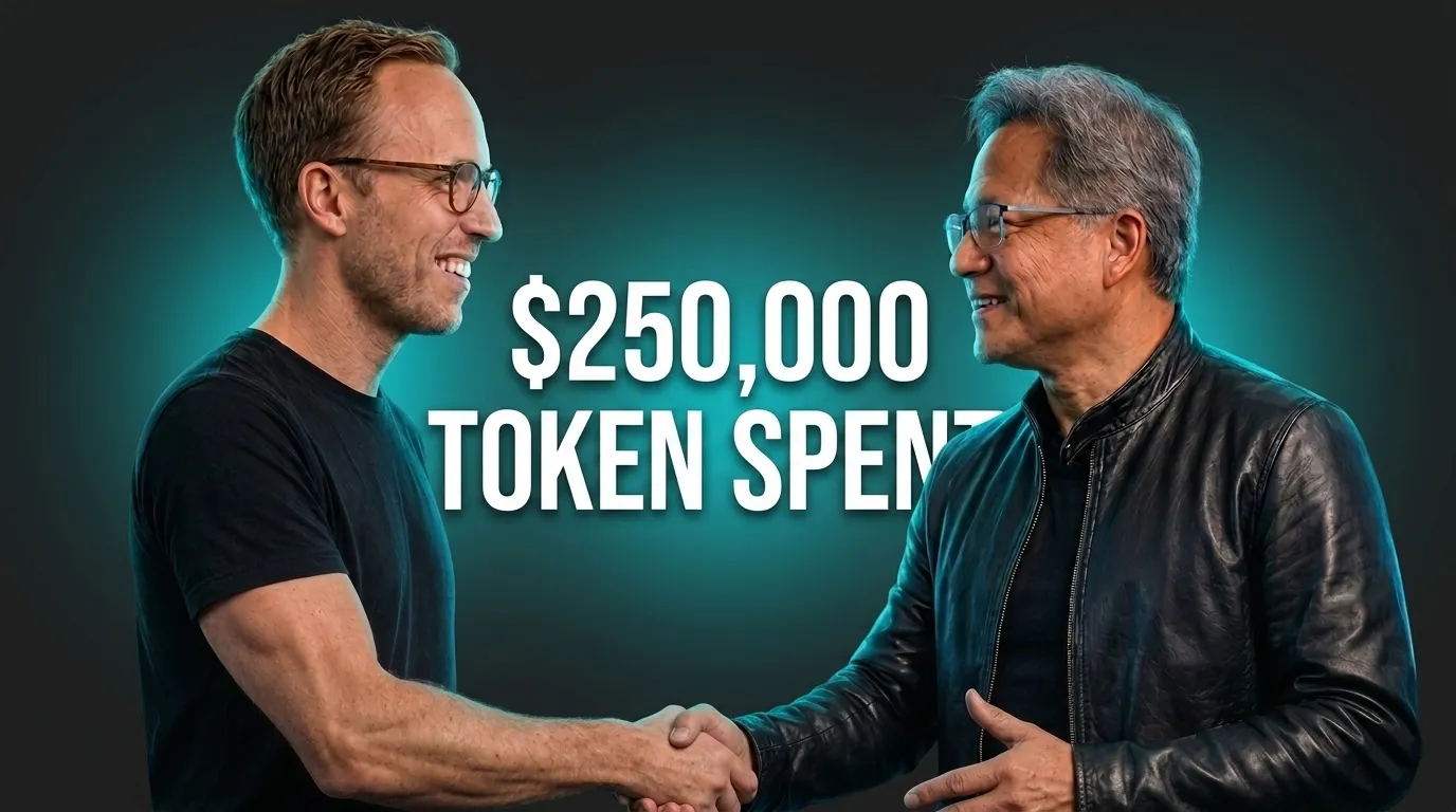 Tobias shaking hands with Jensen Huang from NVIDIA. In the center between them stands a bold text "$250,000 token spent"