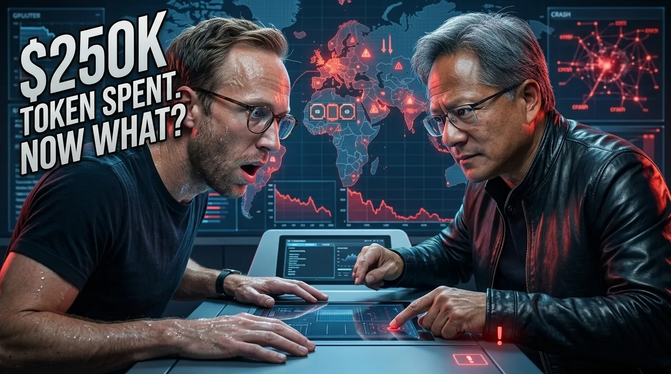 Tobias shaking hands with Jensen Huang from NVIDIA. In the center between them stands a bold text "$250,000 token spent"