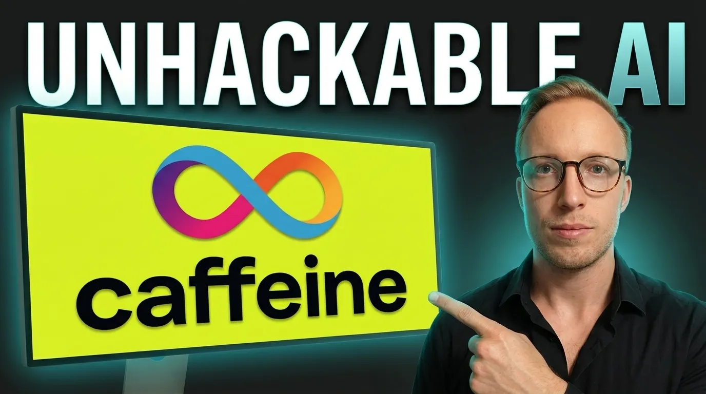 unhackable ai bold title, monitor with caffeine.ai logo and icp logo on top. Tobias in black shirt pointing at the screen.
