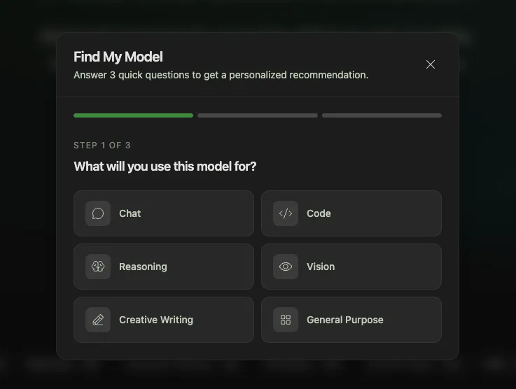 The "Find My Model" survey, step 1 of 3, showing the "what will you use it for?" question