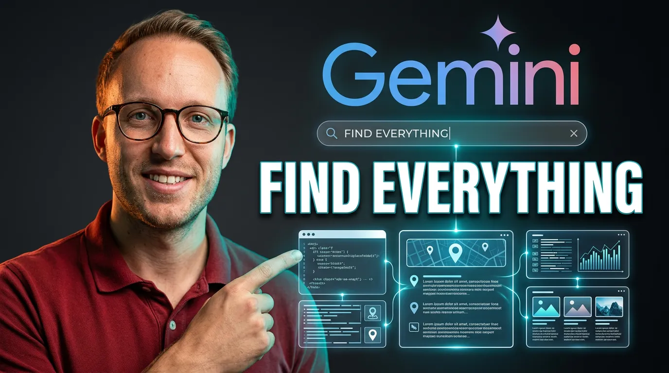 Young man pointing at holographic cards with charts and text data, bold text "FIND EVERYTHING" below a prominent "Gemini" logo