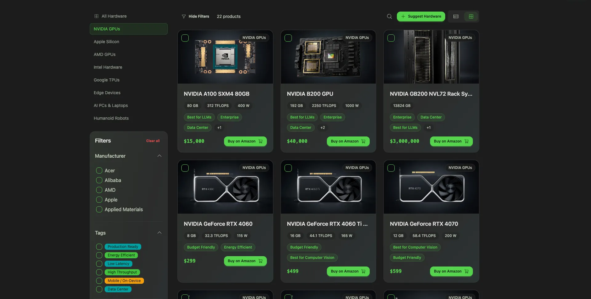 hardware directory landing page with sidebar and filters and product grid