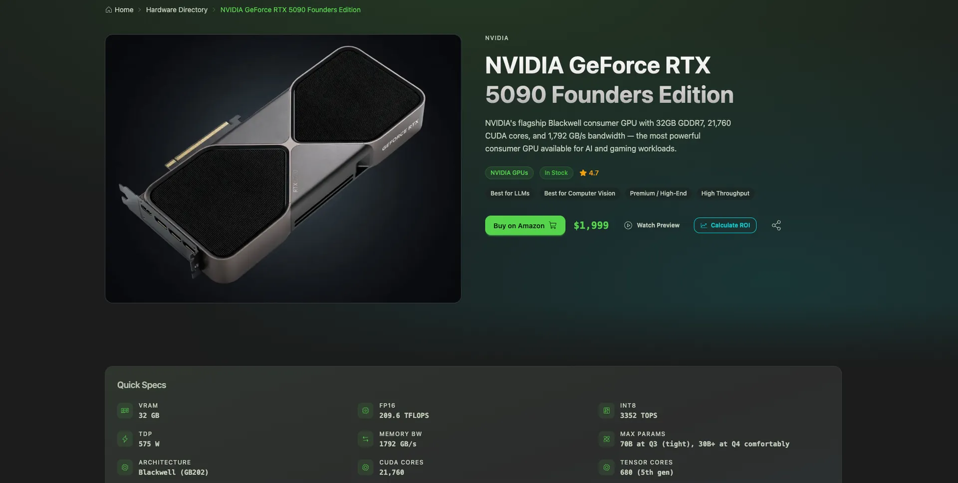 Hero section of the hardware product detail page with product specs, featured image, buy button, video, share buttons, title, description, rating, tags, price, calculate ROI button