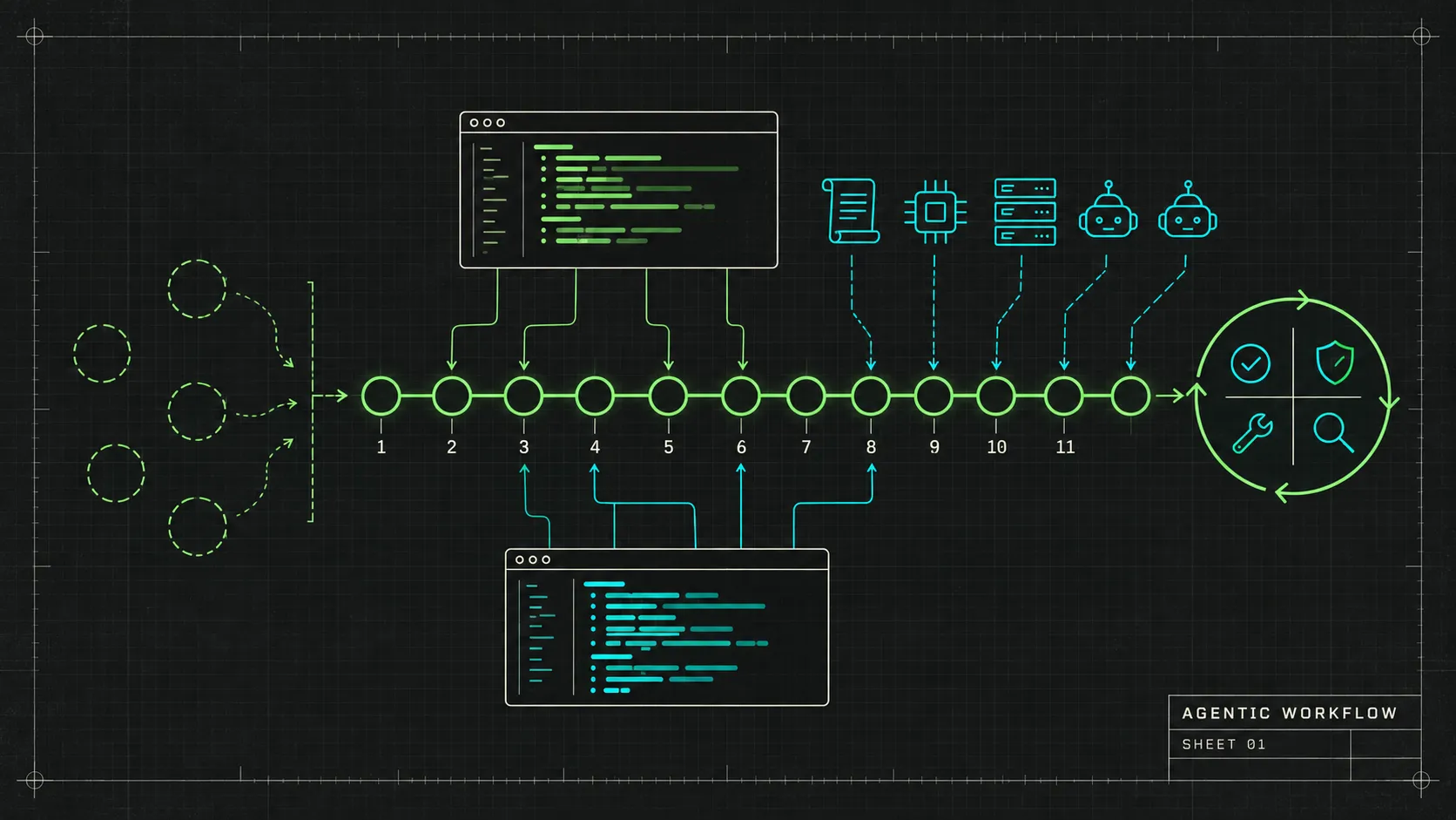 A technical blueprint poster on dark charcoal engineering paper