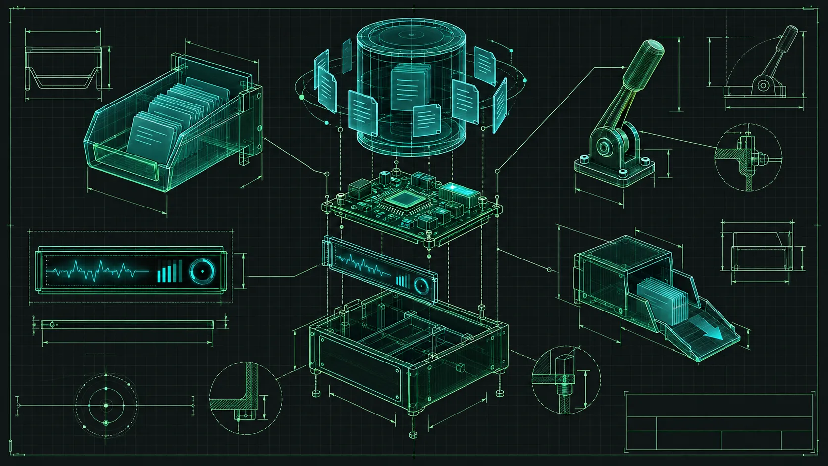 A full-bleed poster-sized engineering blueprint of a compact customer-support agent machine, exploded isometric view on a near-black charcoal field