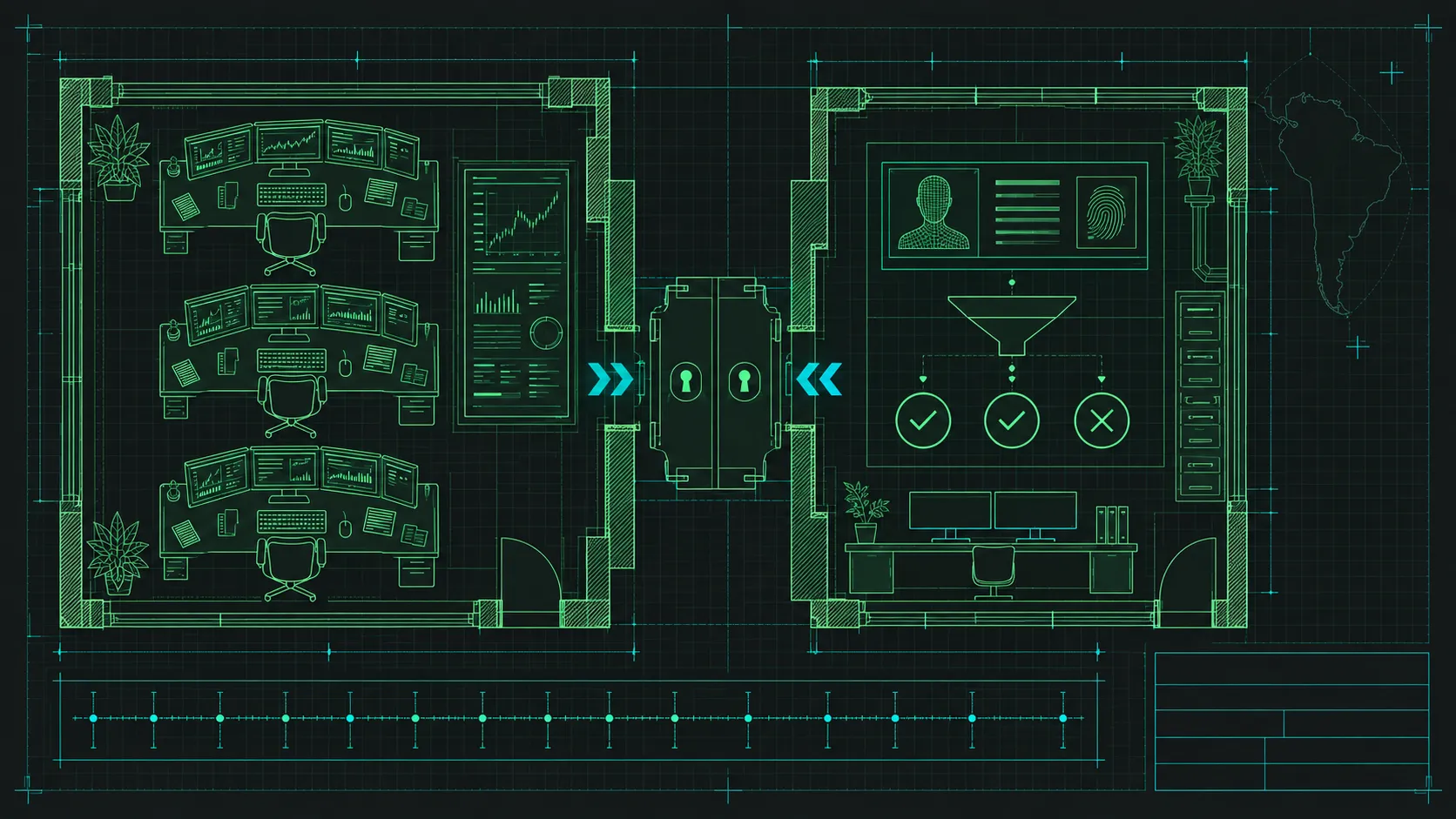 Architectural blueprint poster of a dual-control OTC trading desk, drawn as an orthographic engineering floor plan on a near-black charcoal canvas