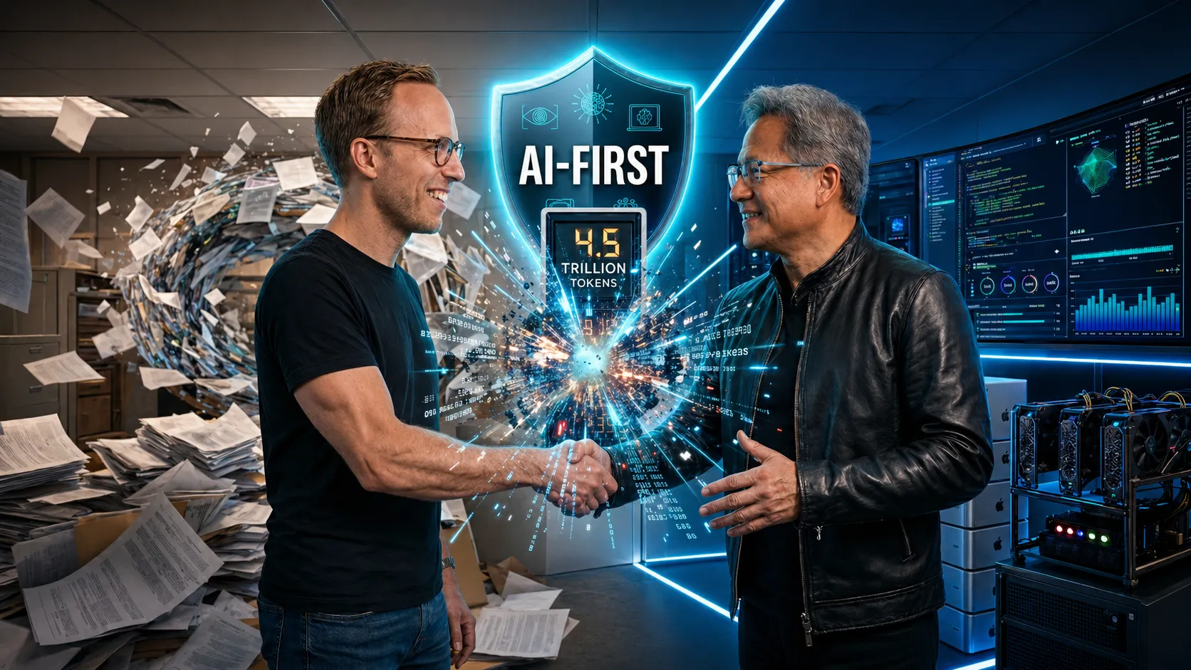 Tobias hand shaking Jensen Huang from NVIDIA. Between them a blue shield AI-first, below 4.5 trillion token meter exploding. Left an old office with paper floating around. Right side a tech lab with stats on a large screen, a rack with stacked Mac Studios and GPUs.