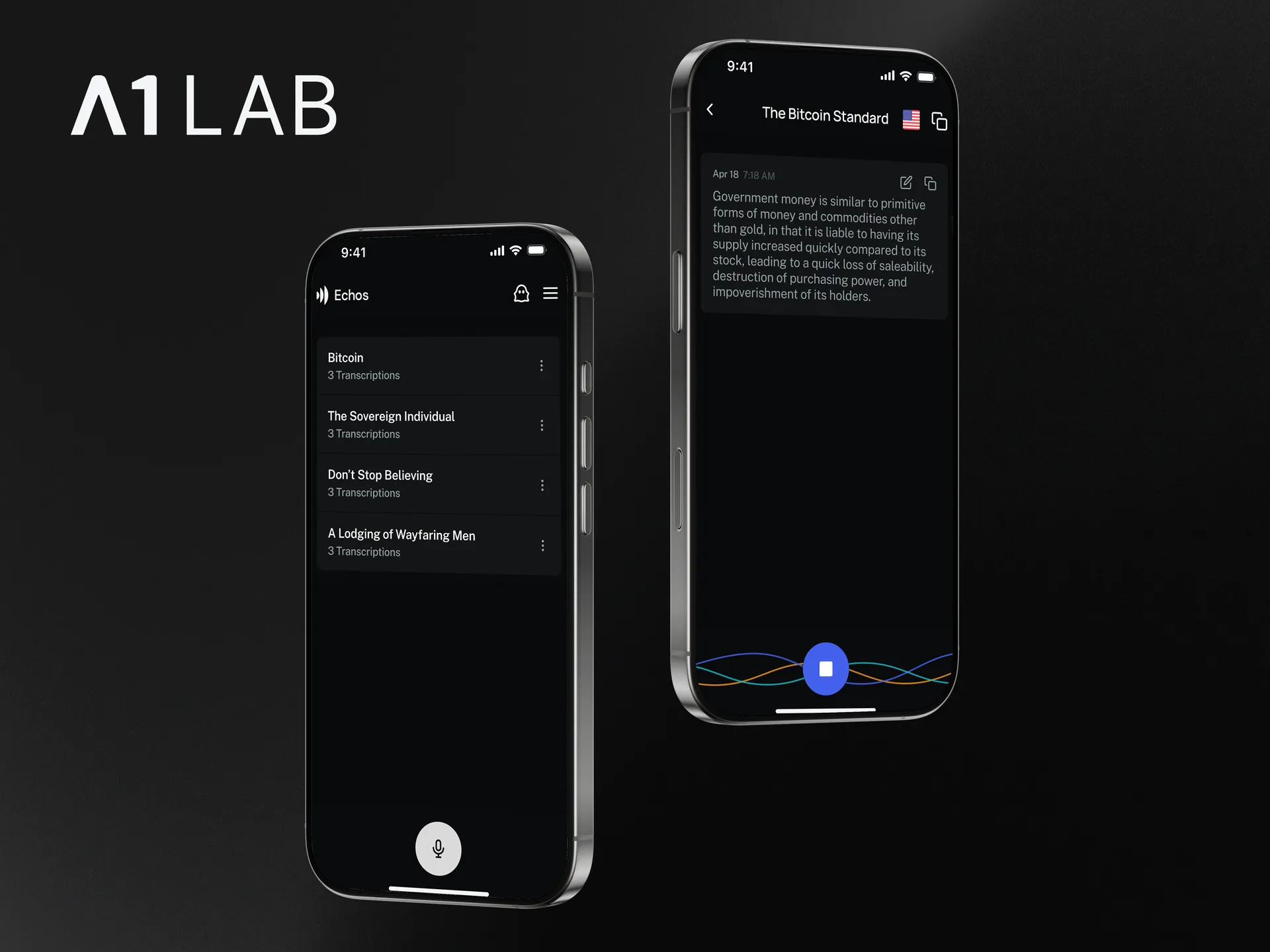 Echos AI transcription app running on 2 iphones