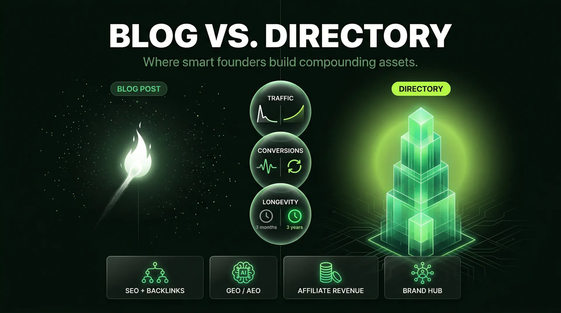 Blog vs directory infographic: where smart founders build compounding assets. Traffic, conversions, longevity, SEO + backlinks, GEO / AEO, affiliate revenue, brand hub.