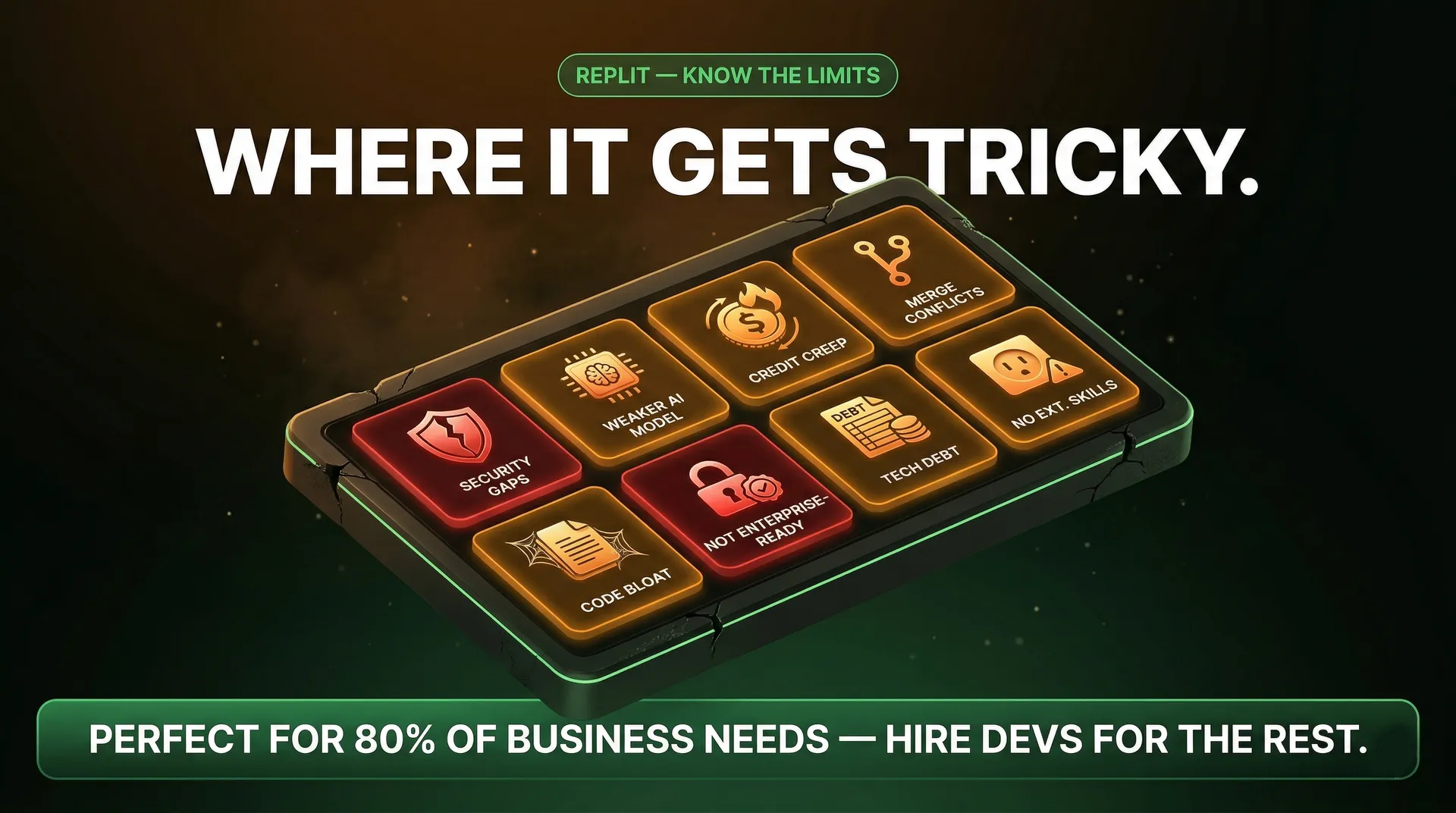 Infographic with Replit's cons: Eyebrow says "Replit - know the limits. Bold title: Where it gets tricky. A panel with cards: security gaps, weaker Ai model, credit creep, merge conflicts, code bloat, not enterprise-ready, tech debt, no extensible skills. Below text in green box: Perfect for 80% of business needs - hire devs for the rest