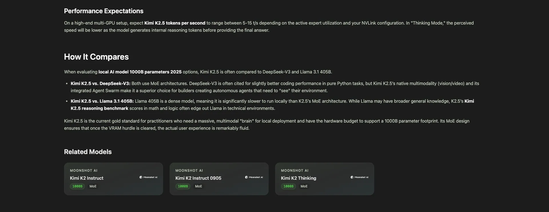 A model detail page (Kimi K2.5) showing related models