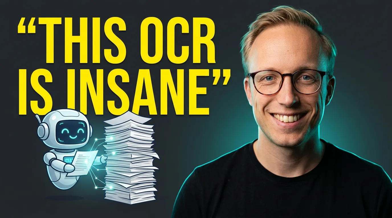 Bold title "THIS OCR IS INSANE", below an AI agent mascot happily sorting a pile of documents. Headshot of a young man with a confident smile.