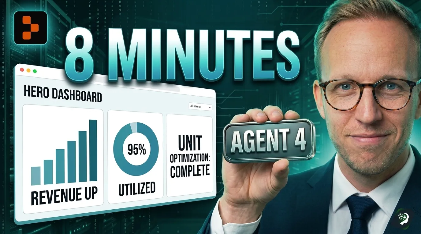 A young entrepreneur pointing at a storage service website and internal tool. Replit logo in the upper left. Title says: Done in 8 Minutes. Agent 4 badge.