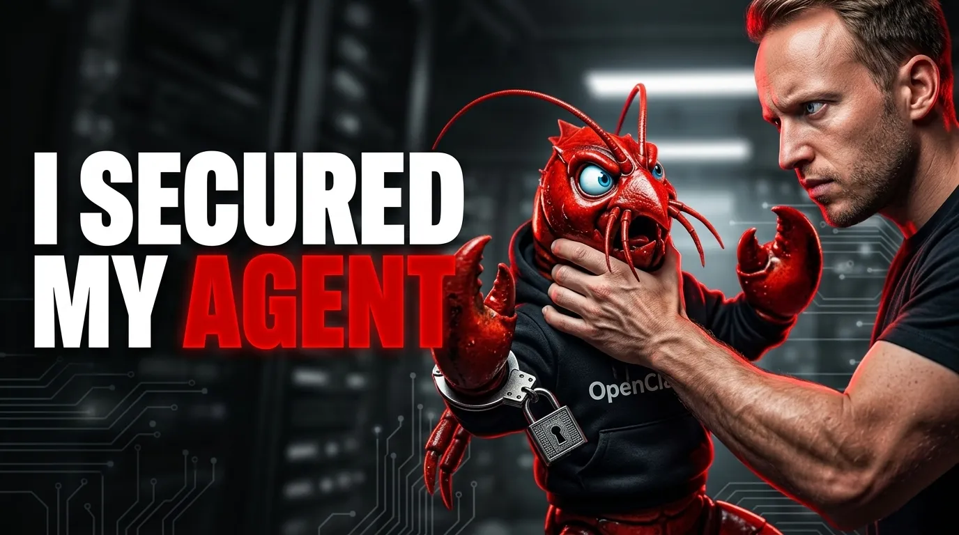 bold title secure your ai agent. Red lobster behind bars with openclaw on its black shirt