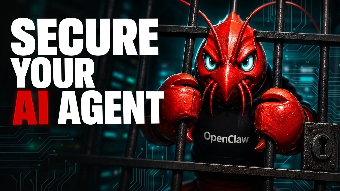 bold title secure your ai agent. Red lobster behind bars with openclaw on its black shirt