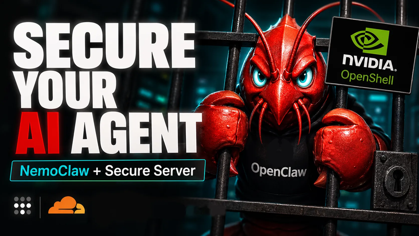 Secure your AI agent with NemoClaw, tailscale, cloudflare and nvidia openshell. The red lobster is behind bars and wears shirt "openclaw"
