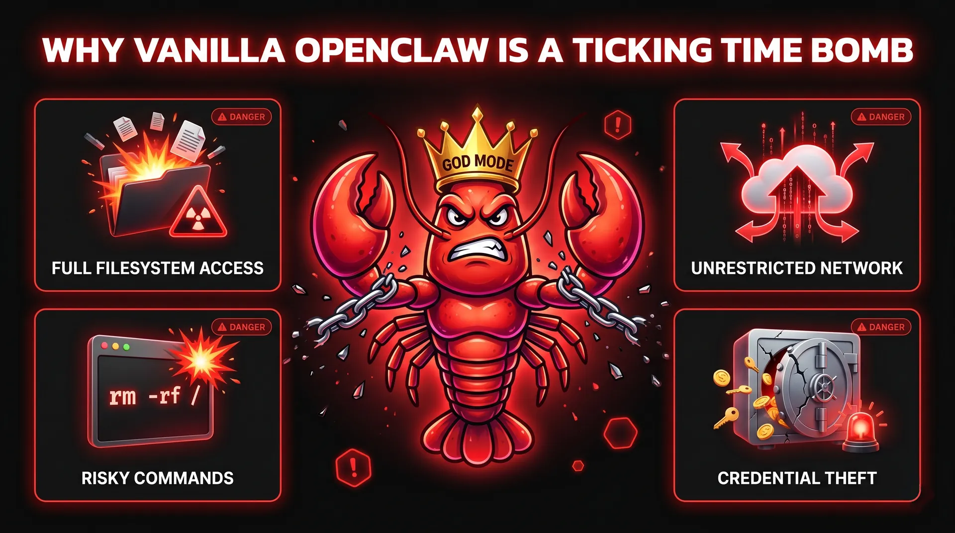 Why vanilla openclaw is a ticking time bomb. Read lobster with god mode crone and chains breaking free. 4 tiles: full filesystem access, risky commands, unrestricted network, credential theft.