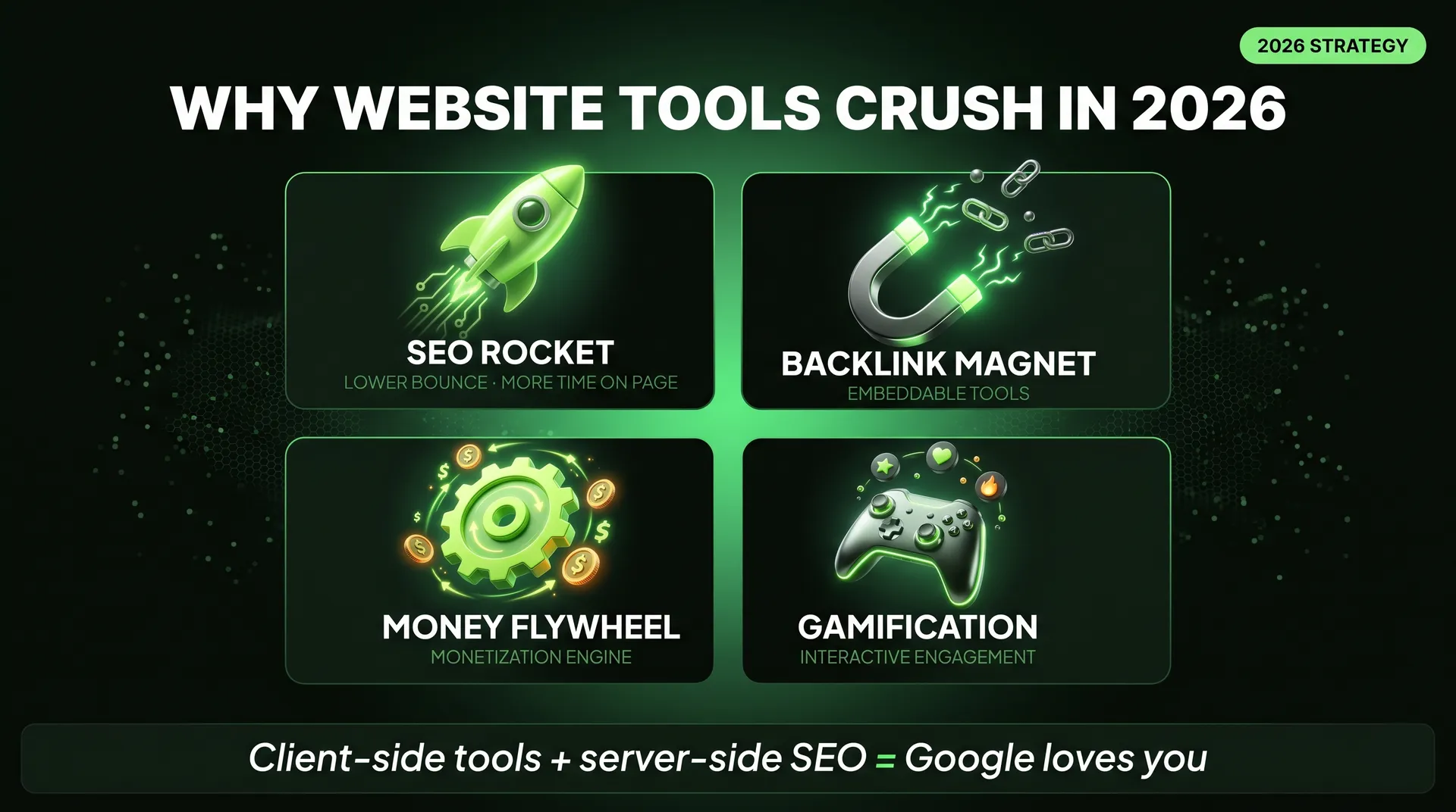 infographic: why website tools crush it in 2026. 4 tiles: SEO rocket, lower bounce, more time on page. Backlink magnet, embeddable tools. Money flywheel, monetization engine. Gamification, interactive engagement. Text below: client-side tools + server-side SEO = Google loves you