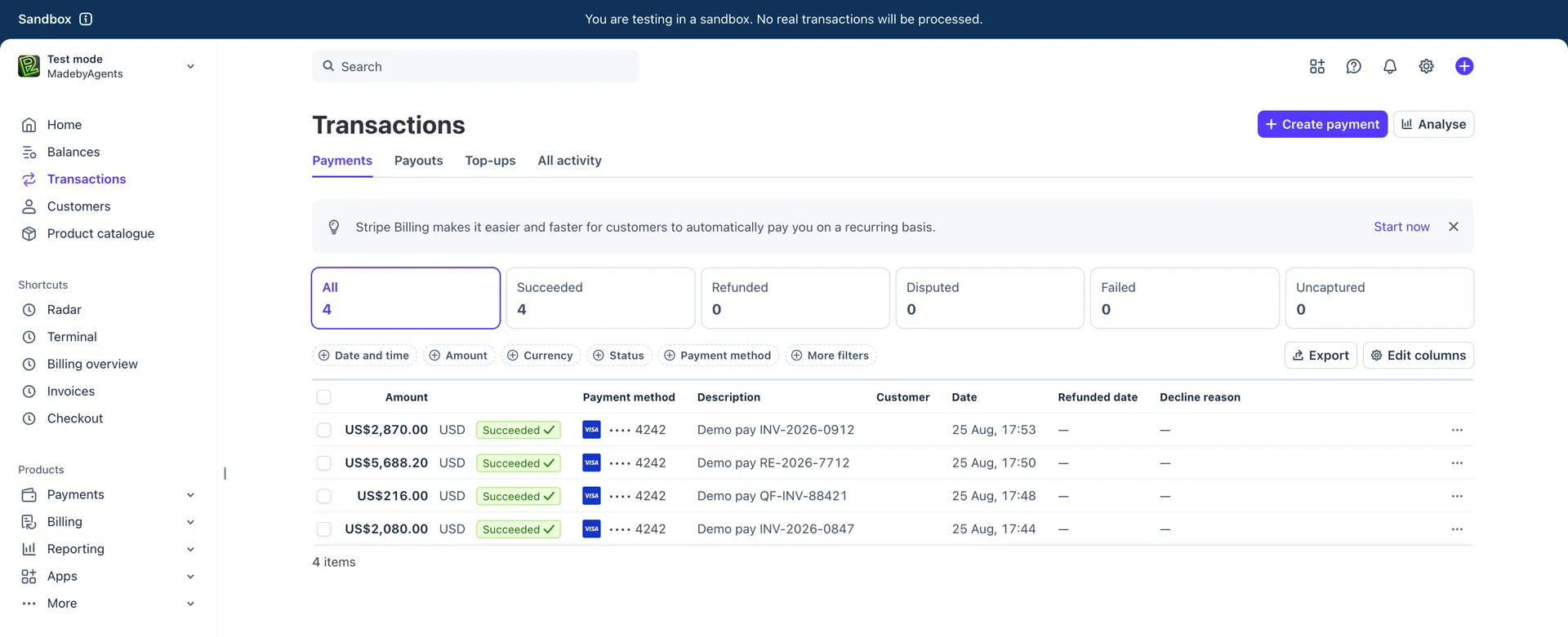 Stripe dashboard in sandbox mode with test transactions