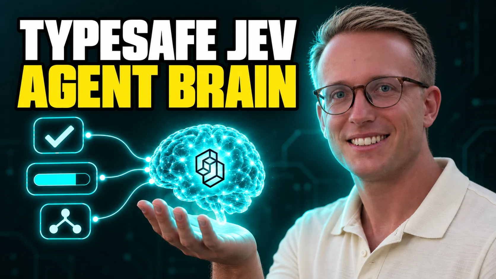 Heading Typesafe Jev agent brain. Young man to the right holding a glowing brain in hand with typesafe logo inside and 3 nodes connected to symbolize the primitives Noul, Score and Choice.