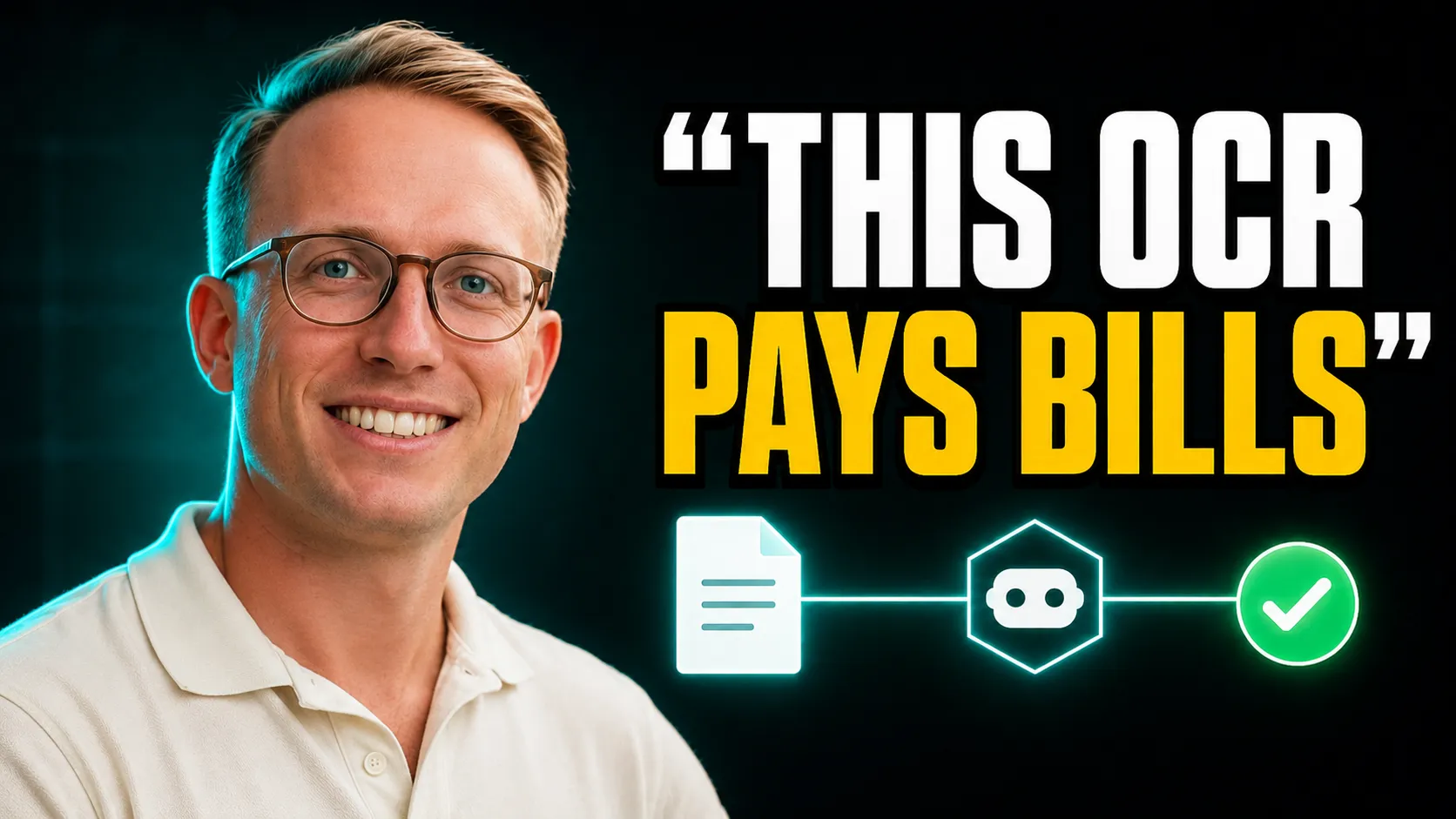 On the left a young man with confident smile, on the right bold heading this ocr pays bills, below it a graph with 3 nodes document, agent, checkmark