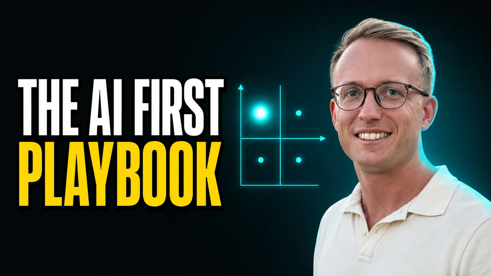 On the left bold heading the ai first playbook, in the center a matrix illustration impact vs effort, on the right a young man with confident smile