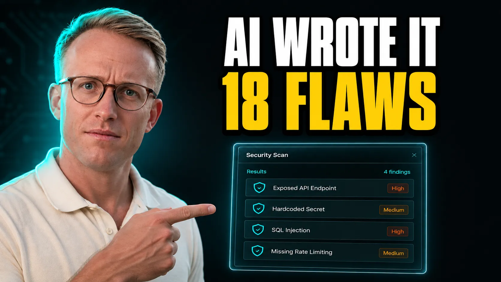 On the left a young man with questioning mimic pointing at a result list of an ai security scan, above bold heading ai wrote it 18 flaws