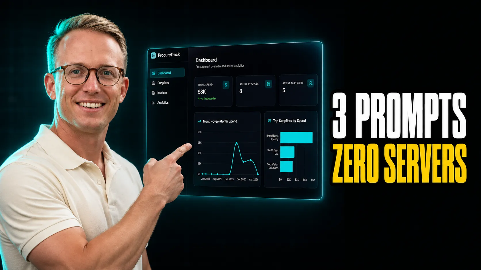 On the left a young man with confident smile pointing at a caffeine ai app dashboard in the center, on the right bold heading 3 prompts zero servers
