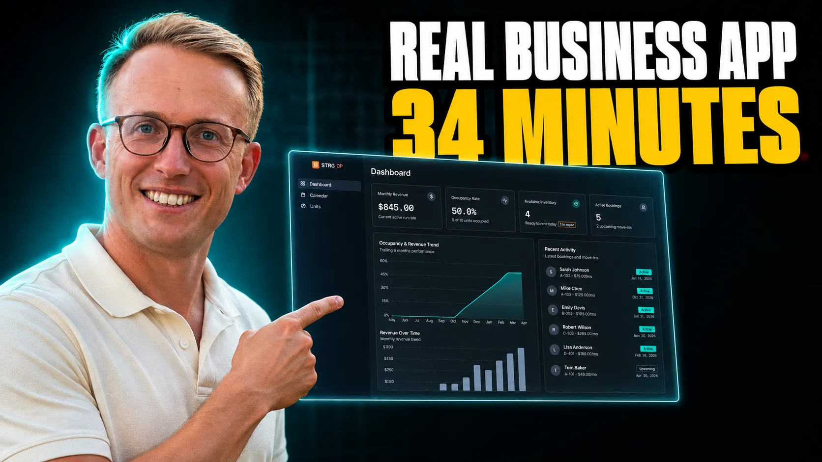 On the left a young man with confident smile pointing at a replit app dashboard in the center, above bold heading real business app 34 minutes
