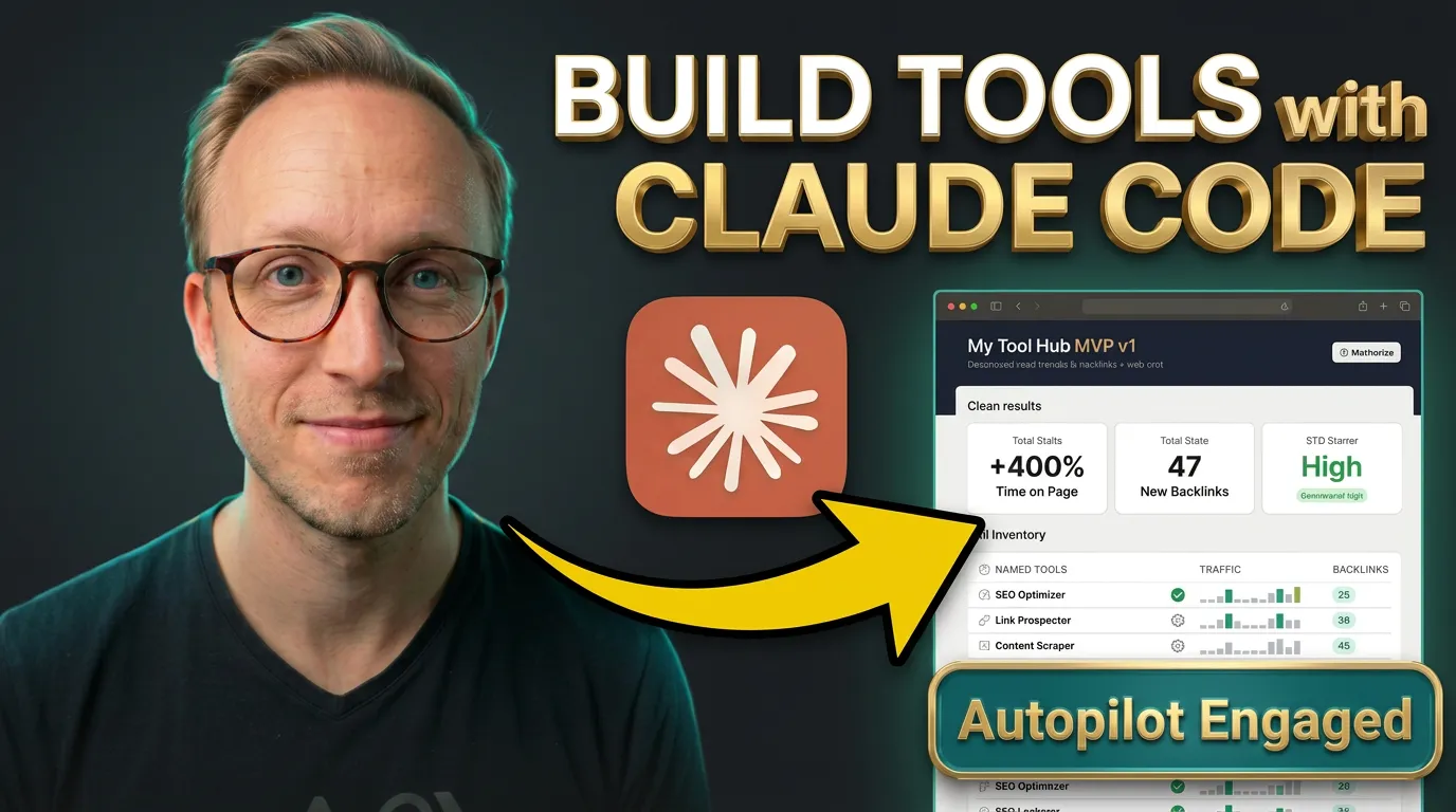 Tobias to the right. Headline "Build tools with claude code", claude logo in center, arrow pointing to a web page with a tool preview, badge in lower right "on autopilot"